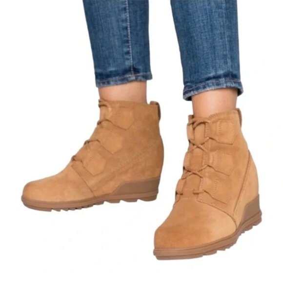 Sorel NEW Women's Evie Lace Up Wedge Waterproof Suede Boot 7.5 Camel - Picture 1 of 10